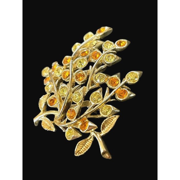 Vintage Estate Signed Coro Flower Brooch Yellow & Amber Rhinestone Mid Century - Picture 5 of 8
